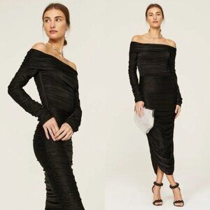 Bronx and Banco Amara Strapless Linen Midi Dress L Black Ruched Sparkle